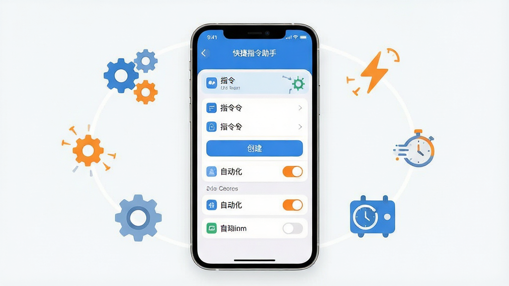 一张展示“快捷指令助手”软件核心全貌的图片。主体是手机屏幕,屏幕上显示“快捷指令助手”的APP界面,界面布局清晰,有指令列表、创建按钮、自动化开关等元素。排版上,手机位于画面中央,周围环绕着代表自动化流程的齿轮、闪电、时间等小图标。风格为现代扁平化科技风,色彩以蓝白为主,点缀少量橙色高亮。细节上,图标圆润,文字清晰可辨,界面无杂乱广告。画质干净,无多余元素,背景简洁。