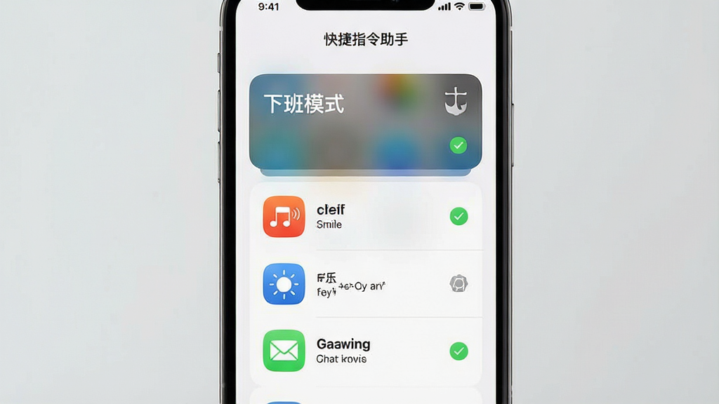 一张展示“快捷指令助手”一键触发多步操作功能的图片。主体是一个手机屏幕,屏幕上显示一个名为“下班模式”的指令卡片,卡片下方展开显示三个子任务图标:音乐、亮度调节、消息发送。排版为卡片式纵向排列,风格简洁现代。细节上,每个子任务图标旁边有对勾标记表示已启用,界面干净,文字“快捷指令助手”出现在顶部标题栏。画质清晰,无多余元素。