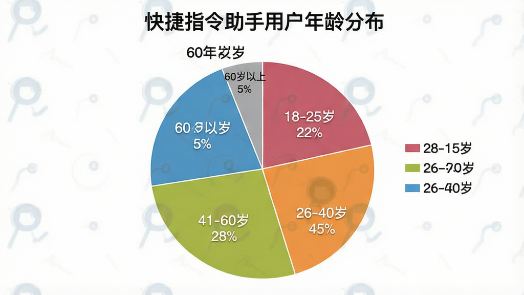 一张展示“快捷指令助手”用户年龄分布的饼状图。主体是一个饼状图,图表标题为“快捷指令助手用户年龄分布”。饼图分为四个扇区,分别标注“18-25岁 22%”、“26-40岁 45%”、“41-60岁 28%”、“60岁以上 5%”。排版居中,风格为商务图表风。细节上,每个扇区颜色不同,有图例说明,背景为白色。画质清晰,无多余元素。