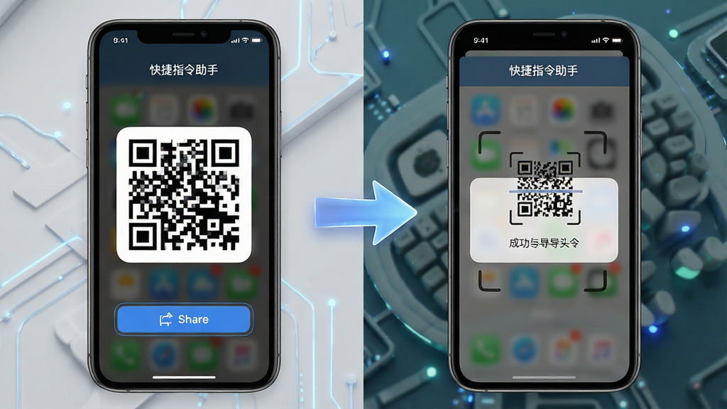 一张展示“快捷指令助手”分享与导入功能的图片。主体是两个手机屏幕并排,左边手机显示一个二维码和分享按钮,右边手机显示扫描二维码后成功导入指令的提示界面。排版为左右对比,风格为现代科技风。细节上,两个手机之间有一个箭头表示数据传输,界面顶部有“快捷指令助手”字样。画质清晰,无多余元素。