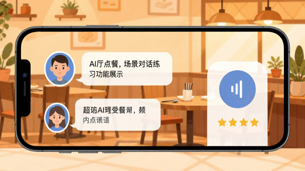 SuperChinese �����Ի���ϰ����չʾ���ֻ���Ļ��ʾ������ͶԻ����棬�����AI��ɫͷ��ͶԻ����ݣ��Ҳ����û��������밴ť�������Ǽ�����������ܰ�Ĳ��������廭��ɫ����ů����ƽ����Ʒ�񣬽���������࣬���廭�ʣ�������Ԫ��