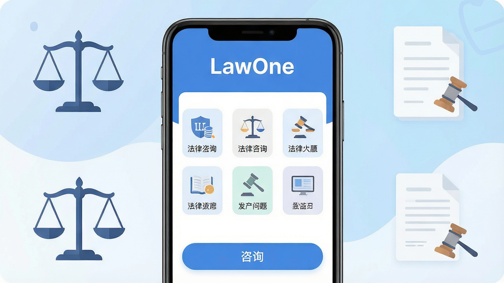 һ��չʾLawOne������ѯAPP����ȫò�ĳ���ͼ������������һ�������ֻ����ֻ���Ļ��ʾLawOneӦ�õ������棬���涥���С�LawOne�����ֱ�ʶ���м��Ƿ��������ķ����������ͼ�꣬�ײ�����ѯ��ť����������͵����׽���ɫ������Χ��׺�ŷ�����ƽ���ļ��ĵ��ȼ�ԼԪ�أ��������ִ���ƽ�������ʸɾ��������޶�������Ԫ��