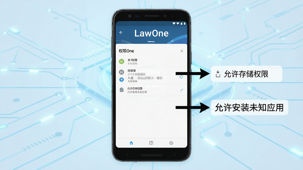 һ��չʾLawOne��׿�ֻ��˰�װ��Ȩ�����ò����ʾ��ͼ��������һ���ֻ���ʾ���ý����Ȩ�޹���ҳ�棬�Ա��м�ͷָ�������洢Ȩ�ޡ��͡�������װδ֪Ӧ�á���ѡ��ֻ���Ļ�Ϸ��С�LawOne�������������ǵ���ɫ�Ƽ��������������������ˣ����ʸɾ����޶���Ԫ��