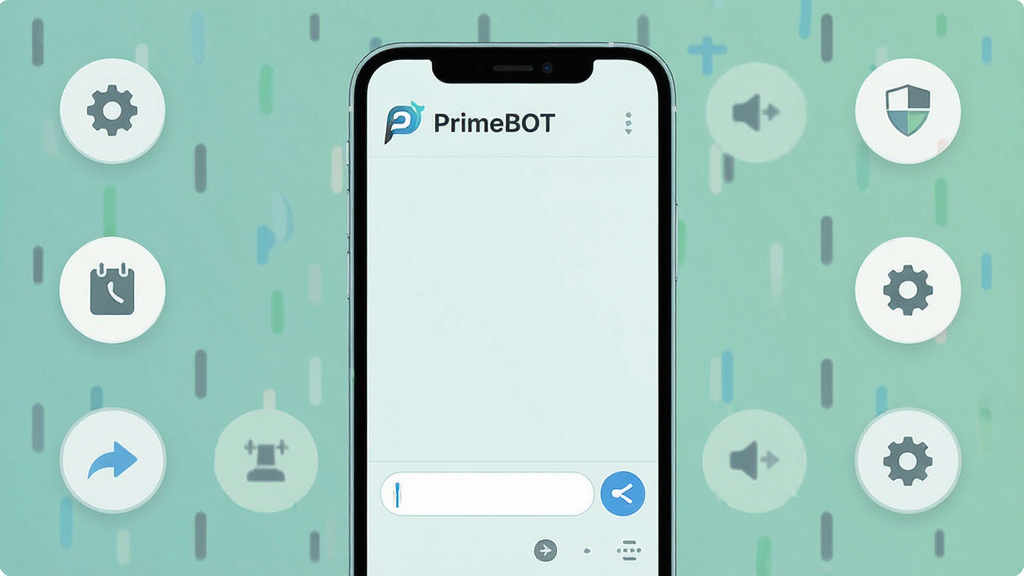 һ��չʾPrimeBOT�ֻ�Ӧ���������ͼƬ������������PrimeBOT������Ի��򣬶Ի��򱳾�Ϊǳɫ��������PrimeBOT��logo�����ƣ��ײ��������ͷ��Ͱ�ť����Χ�����ż��Ĺ���ͼ�������á���ʷ��¼�ȣ����岼������������ִ���ƽ��ɫ����ͣ����ʸɾ��޶���Ԫ�أ������ֶ�����