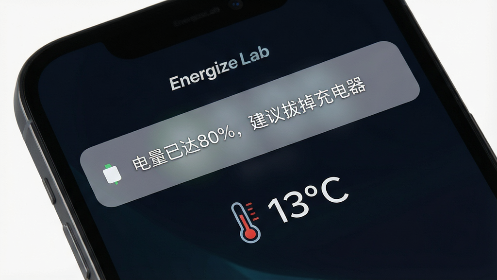 һ��չʾ EnergizeLab ��籣�����ѹ��ܵ�ͼƬ������Ϊ�ֻ���Ļ����Ļ����ʾһ��֪ͨ����������д�С������Ѵ�80%������ε������������������·����¶ȼ�ͼ��͵�ǰ�¶���ֵ�����ּ�࣬����Ϊ��ɫ�������ˬ��ϸ�����������ʸɾ����޶���Ԫ��