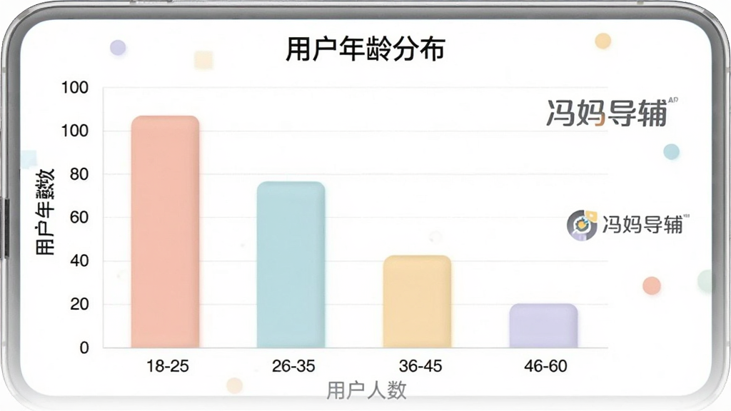 һ��չʾ�����赼����APP��ͬ������û�����ռ�ȵ���״ͼ��ͼ������Ϊ���û�����ֲ���������Ϊ�����18-25��26-35��36-45��46-60������Ϊ�û���������״ͼ��ɫ��ͣ��Ա��С����赼����������������ִ��������������޶���Ԫ�ء�