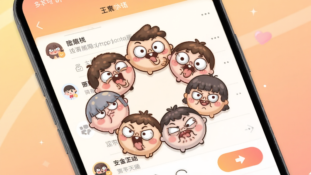一张展示丑萌小天团App核心界面的图片,画面中央是几个圆润、表情呆萌的卡通角色头像围成一圈,背景是柔和的渐变暖色调,布局采用手机屏幕截图风格,排版清晰展示聊天列表和互动按钮,风格是扁平化卡通插画,细节上角色表情夸张搞笑,画质干净明亮,无多余元素