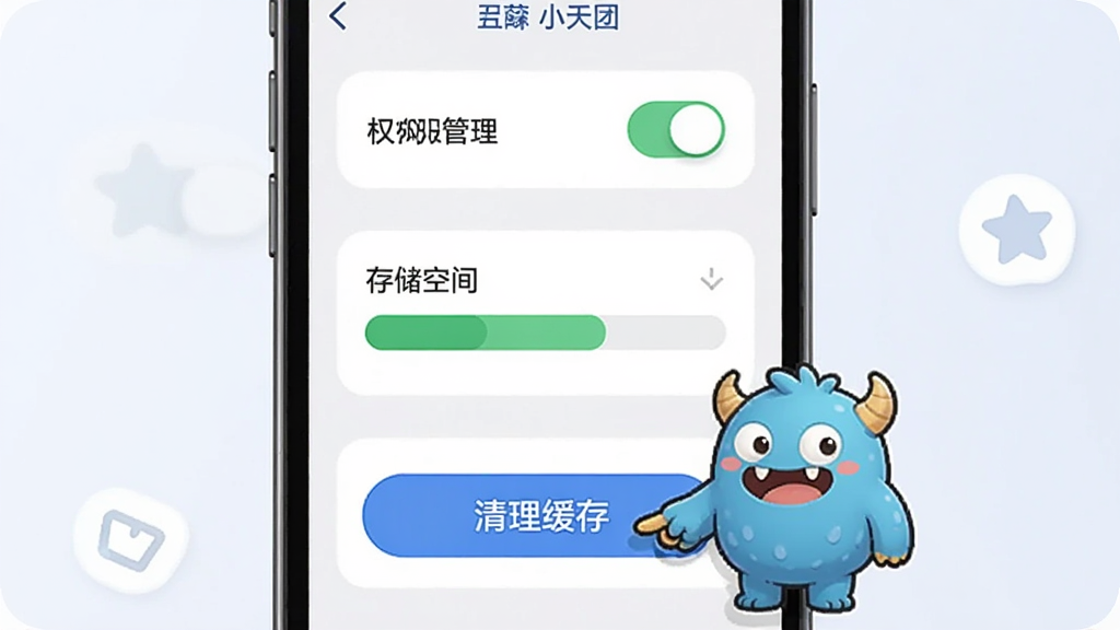 一张AI生成的图片,画面展示一个手机屏幕显示丑萌小天团的设置界面,布局是竖屏手机截图,排版上方是权限管理开关,中间是存储空间占用条,下方是网络诊断按钮,风格是简洁现代的UI设计,细节上有一个卡通小怪物指着“清理缓存”按钮,画质干净清晰,无多余元素