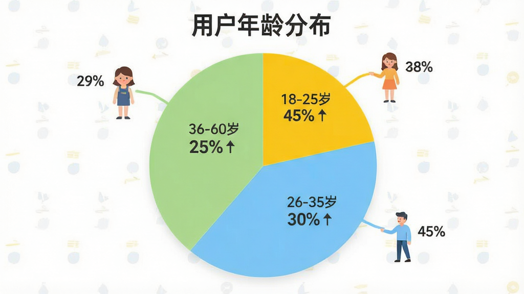 一张AI生成的图片,画面是一个饼状图,布局是圆形饼图居中,排版上用不同颜色区分三个年龄段,18-25岁占45%用亮黄色,26-35岁占30%用天蓝色,36-60岁占25%用浅绿色,风格是扁平化数据可视化,细节上饼图旁边有小人图标指着对应色块,画质干净无多余元素,图片中文字“用户年龄分布”