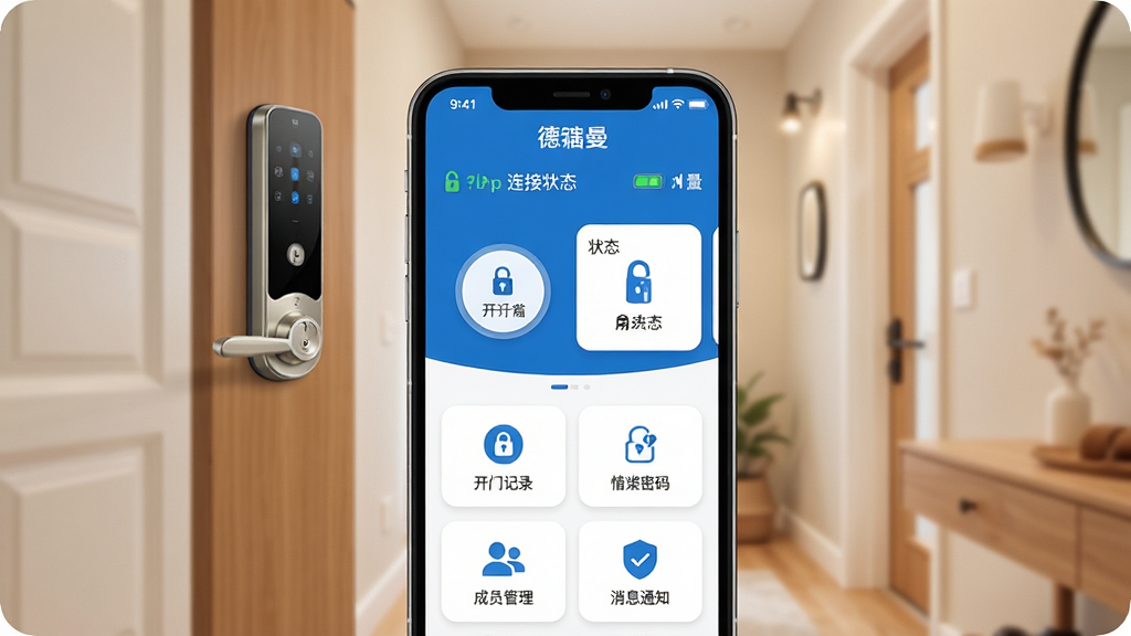 ��ʩ������App������ȫòչʾ����������һ�������ֻ�����Ļ��ʾ��ʩ������App��ҳ��������ʾ��������״̬�͵������м��ǿ�����ť������״̬��Ƭ���·����п��ż�¼����ʱ���롢��Ա��������Ϣ֪ͨ�ĸ�����ͼ�꣬��������ܰ���ִ��Ҿ����س���������������װ�����ϣ����岼��������������ɫΪ��������ִ���Լ��ƽ����ϸ��Բ���£����ʸɾ��������޶���Ԫ��
