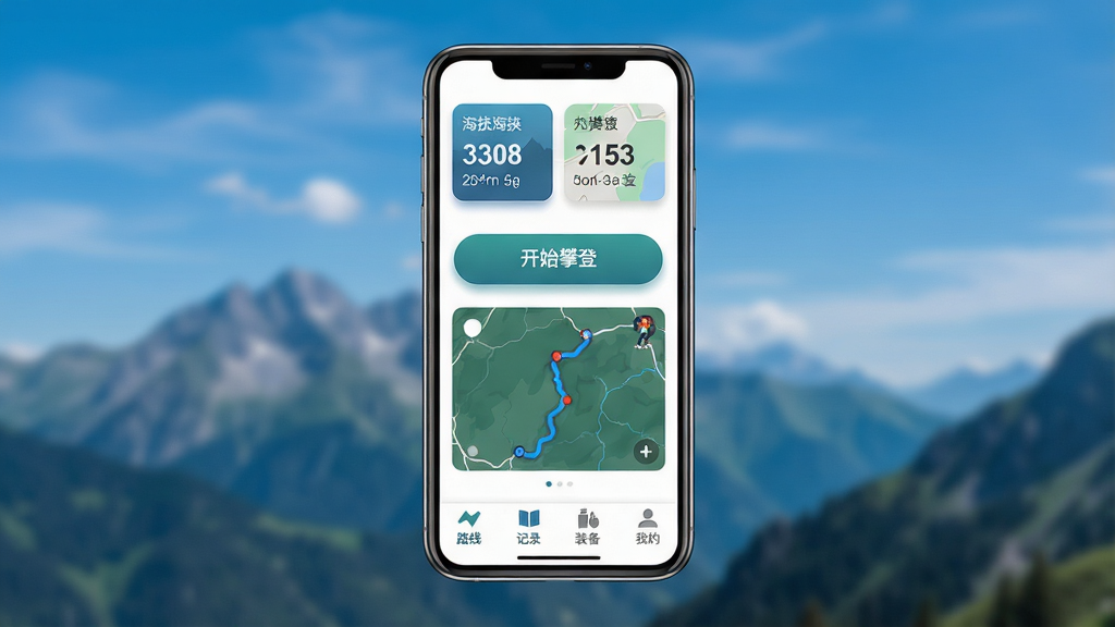 一张展示攀登精英App核心界面的详细生图提示词:画面主体是一台现代智能手机,屏幕显示攀登精英App的主界面,界面顶部有海拔高度和经纬度坐标卡片,中间是醒目的开始攀登按钮和实时轨迹地图缩略图,底部导航栏有路线、记录、装备、我的四个图标。布局采用居中对称排版,手机悬浮在虚化的青山蓝天背景之上,风格为科技感与户外运动结合的扁平化设计,细节上按钮有轻微光影质感,地图线条清晰,整体画质干净明亮,无多余装饰元素。