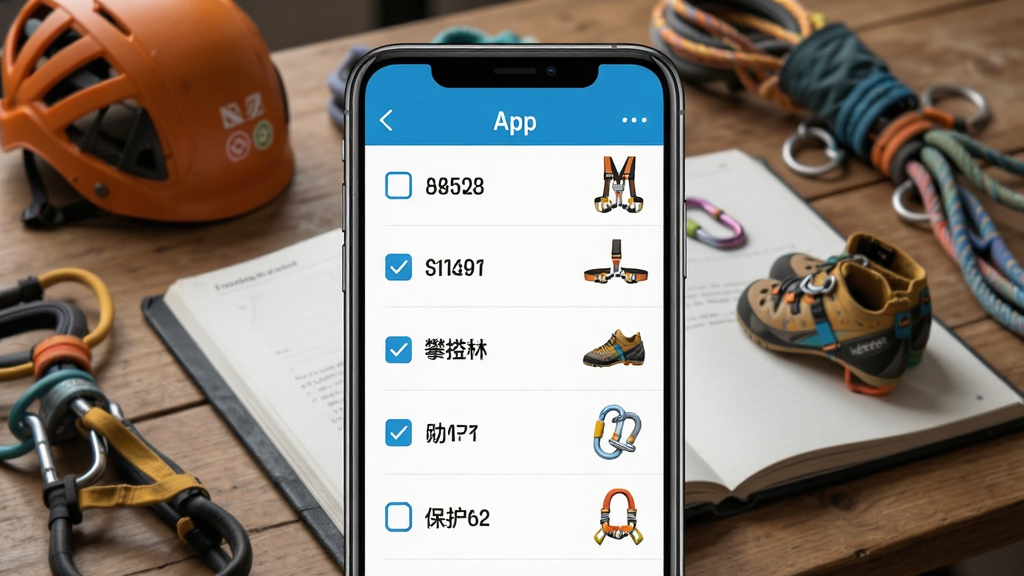 攀登精英App装备清单管理界面生图提示词,画面主体为手机屏幕展示装备清单列表,清单项包括头盔、安全带、攀岩鞋、主锁、保护器,每项前面有复选框且部分已勾选,右侧有装备图标和数量标记,背景是摊开在木桌上的真实攀登装备,风格为静物摄影与UI叠加,细节上装备纹理清晰,界面排版整齐,画质干净无多余元素。