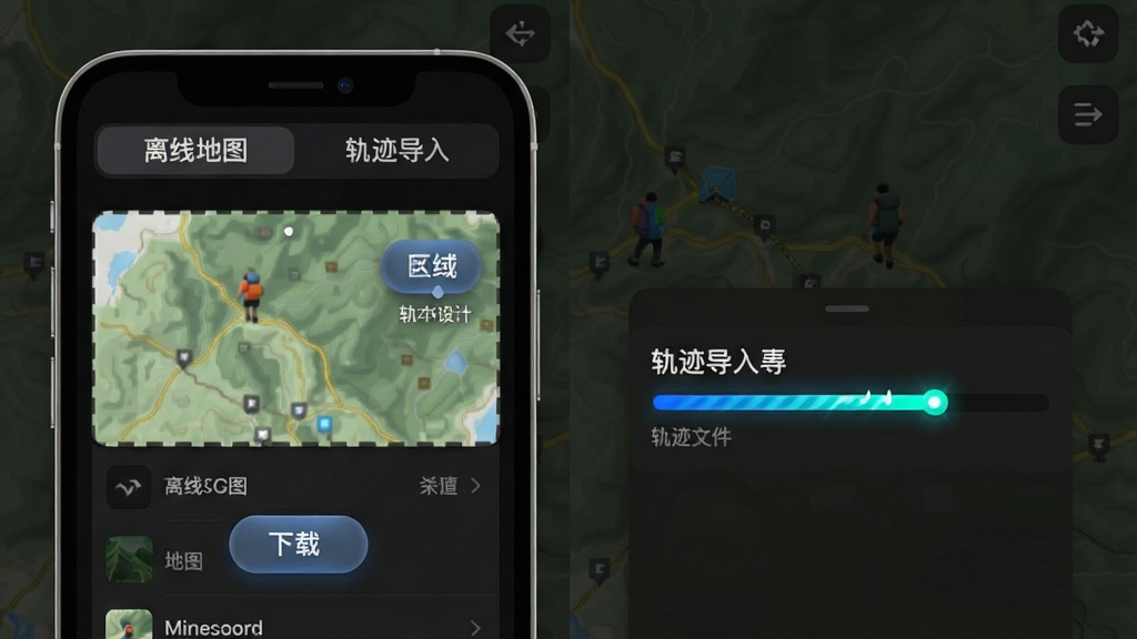 攀登精英App离线地图下载与轨迹导入教程示意图,画面主体为手机屏幕分屏显示,左侧是区域地图下载列表,右侧是轨迹文件导入进度条,屏幕上方有“离线地图”和“轨迹导入”两个标签页,背景是深色模式下的户外地图界面,风格为教程图解与UI展示,细节上按钮有按压反馈效果,进度条有动态光效,画质干净整洁,无多余元素。