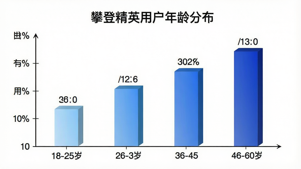 攀登精英App用户年龄分布柱状图,画面主体为一份清晰的柱状图表,横轴标注年龄段18-25岁、26-35岁、36-45岁、46-60岁,纵轴标注用户占比百分比,柱体颜色由浅蓝到深蓝渐变,每个柱体顶部有具体数值标签,图表标题为“攀登精英用户年龄分布”,背景为纯白色,风格为数据可视化图表,细节上柱体有轻微立体感,坐标轴线条清晰,画质干净无多余装饰。