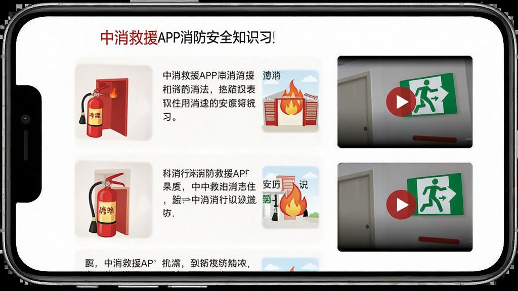 中消救援APP消防安全知识学习页面,手机屏幕显示图文并茂的消防科普文章列表和视频播放卡片,画面中有灭火器和安全出口标识的插图,整体风格清爽,画质清晰,带有“中消救援”文字标识