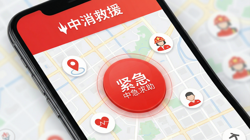 中消救援APP紧急求助功能界面,手机屏幕显示红色醒目的紧急求助按钮,周围环绕着定位图标和救援人员图标,背景是城市地图网格,风格简洁直观,画质干净,带有“中消救援”文字标识