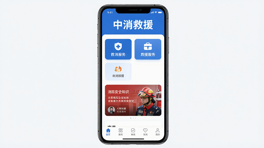 中消救援软件主界面展示,画面中央是手机屏幕,屏幕内显示中消救援APP的首页布局,顶部有醒目的“中消救援”文字标识,中间是救援服务快捷入口卡片和消防安全知识轮播图,底部为导航栏,整体以蓝色和白色为主色调,风格简洁现代,画质清晰,干净无多余元素