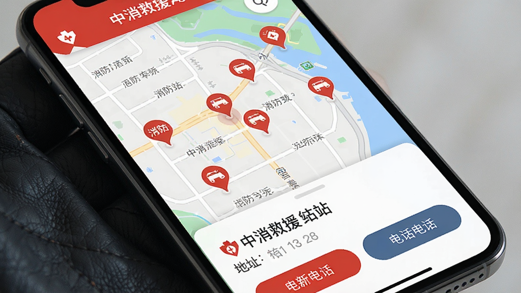 中消救援APP附近站点查询界面,手机屏幕显示地图视图,地图上分布着多个消防站图标标记,底部弹出站点信息卡片,包含地址和电话按钮,风格清晰实用,画质干净,带有“中消救援”文字标识
