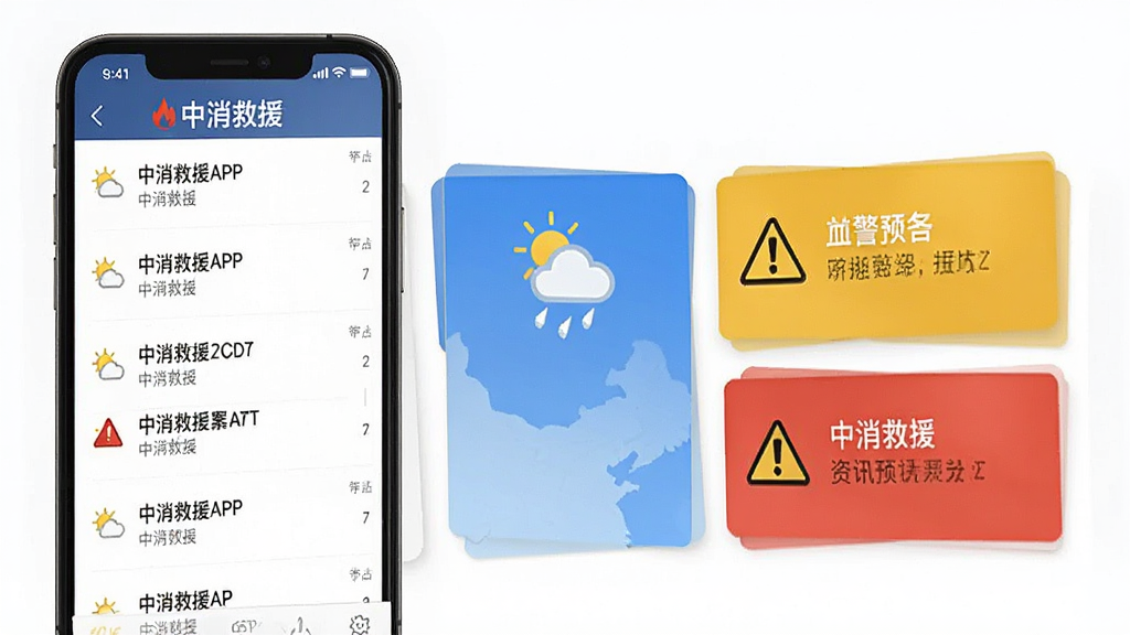 中消救援APP资讯预警页面,手机屏幕显示通知列表和预警卡片,卡片上有天气图标和警示标志,界面布局整齐,风格信息量充足但不杂乱,画质清晰,带有“中消救援”文字标识