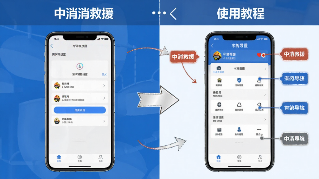 中消救援APP使用教程示意图,画面分为左右两部分,左侧是手机安装权限设置界面截图风格,右侧是APP内功能导航标注图,整体排版清晰,带有箭头指示和“中消救援”文字标识,画质干净整洁