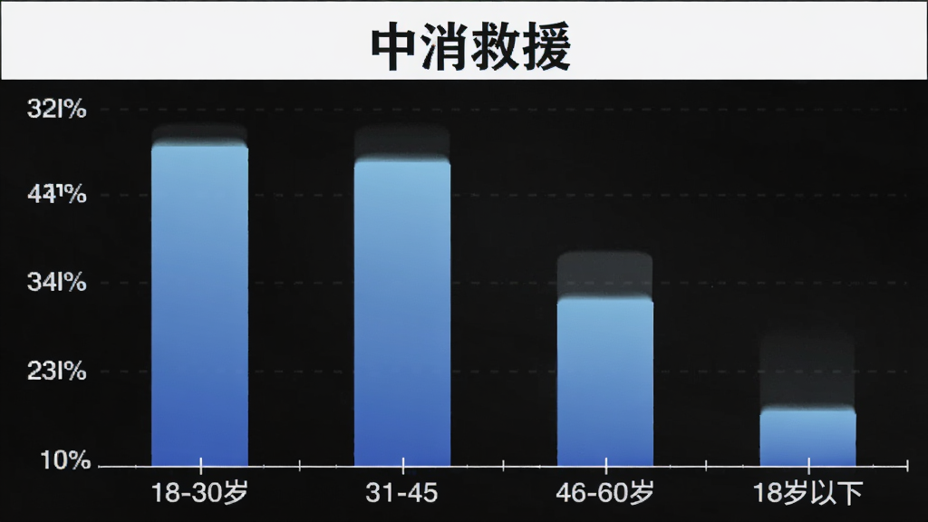 中消救援用户年龄分布柱状图,横轴为年龄段18-30岁、31-45岁、46-60岁、18岁以下,纵轴为用户占比百分比,柱状颜色为渐变蓝色,图表上方有“中消救援”文字标识,风格简洁数据可视化,画质清晰