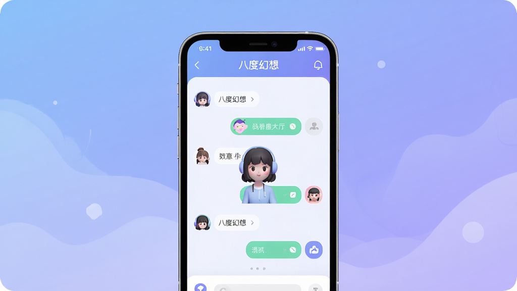 一张展示“八度幻想”App核心界面的手机样机图,画面中央是手机屏幕,屏幕内显示“八度幻想”的聊天大厅和虚拟形象互动场景,背景是柔和的蓝紫色渐变风格,布局简洁,排版居中,风格现代扁平,细节圆润,画质干净无多余元素