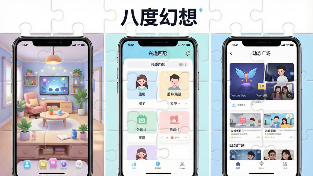 一张展示“八度幻想”App内部多个功能模块的拼图,画面分为三块,分别展示虚拟房间场景、兴趣匹配界面和动态广场,顶部带有“八度幻想”文字标识,布局整齐,排版清晰,风格清新明快,细节精致,画质干净无多余元素