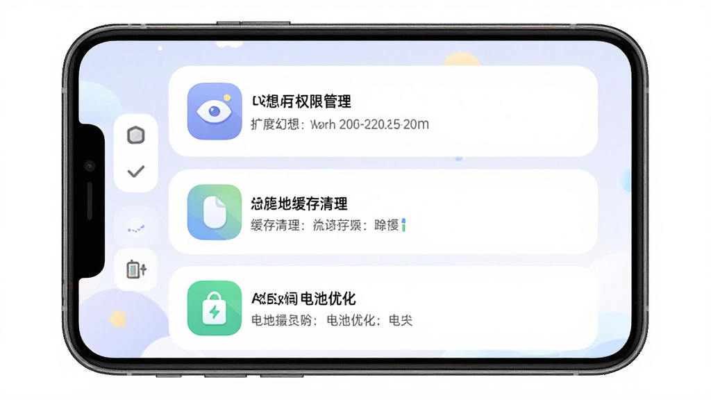 一张以“八度幻想”App新手设置界面为主题的手机截图风格图,画面展示权限管理、缓存清理和电池优化三个设置项,布局纵向排列,排版清晰,风格简洁明快,细节图标圆润,画质干净无多余元素