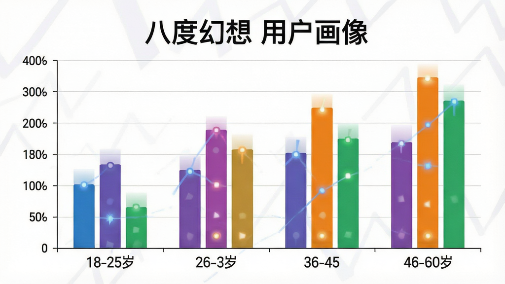 一张展示“八度幻想”用户年龄分布的柱状图,横轴标注18-25岁、26-35岁、36-45岁、46-60岁四个年龄段,纵轴显示用户占比,柱状颜色分别为蓝色、紫色、橙色、绿色,图表顶部带有“八度幻想”用户画像文字,布局居中,排版整齐,风格简洁商务,细节清晰,画质干净无多余元素