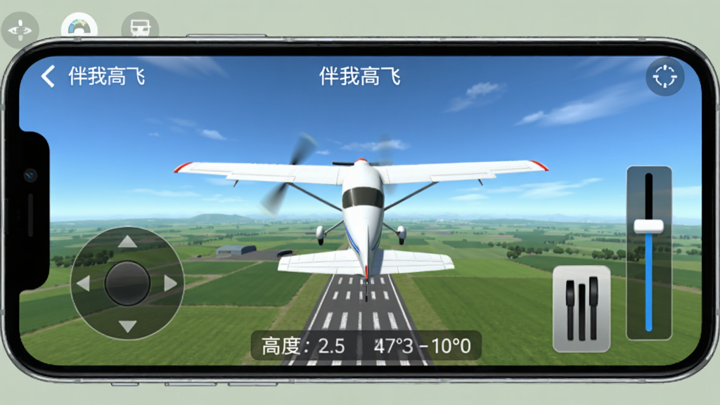 �ֻ�������ʾ�����Ҹ߷ɡ�App�ķ���ģ����棬������һ�ܰ�ɫС�ɻ����������з��У��·�����ɫ����Ұ�ͻ�ɫ���ܵ�����Ļ���������ҡ�ˣ��Ҳ������Ż��飬����ײ���ʾ�߶Ⱥ��ٶ����ݣ���������ˬ��࣬���ʸɾ����޶���Ԫ��