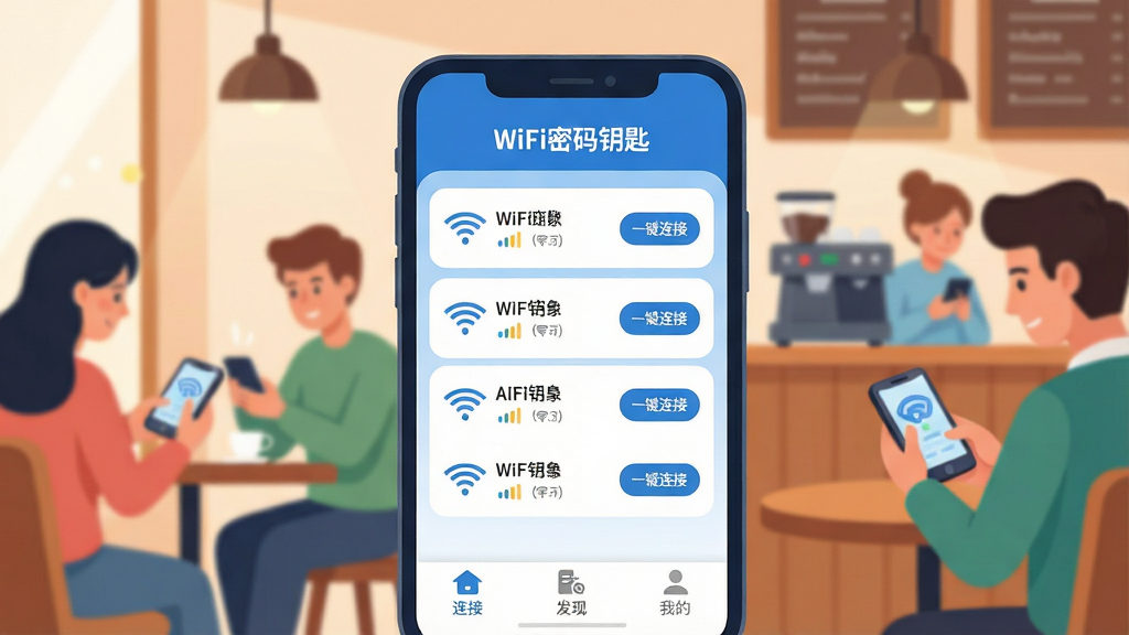 һ��չʾWiFi����Կ��App����ȫò�Ĳ廭�������������ֻ���Ļ����Ļ����ʾ��WiFi����Կ�ס�Ӧ�������棬��������WiFi�б��������У�ÿ��WiFi���������ź�ǿ��ͼ��͡�һ�����ӡ���ť����������ɫ�Ͱ�ɫΪ��ɫ�����ײ��С����ӡ������֡����ҵġ�������ǩ����������ܰ�Ŀ������������м������������ֻ�����������ִ���ƽ��ϸ��Բ�󣬻��ʸɾ��޶���Ԫ��