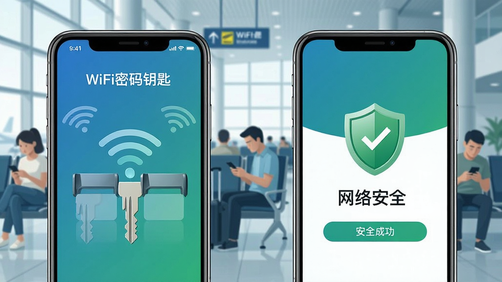 һ��չʾWiFi����Կ�װ�ȫ���ӹ��ܵĳ���ͼ������������ֻ���Ļ��ʾ��WiFi����Կ�ס�����ɨ�踽��WiFi���Ҳ������ӳɹ���İ�ȫ��ʾ���棬��Ļ����һ����ɫ�Ķ���ͼ��͡����簲ȫ�������������ǻ���������������ÿ��ڿ��ֻ���������ִ���ɫ��������Ϊ�������ʸɾ��޶���Ԫ��
