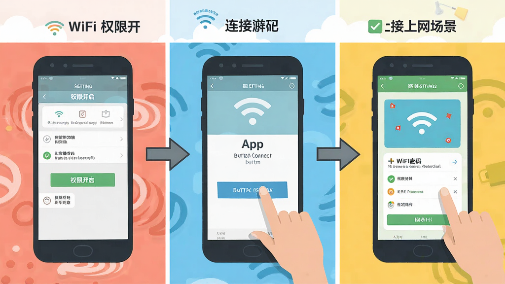 һ��չʾWiFi����Կ�����ֲ������������ͼ�������Ϊ�������֣�������ֻ������е�Ȩ�޿������棬�м���App�����������Ӱ�ť���Ҳ������ӳɹ��������������ÿ�������ü�ͷ���ӣ�����ƽ����Ϣͼ��ɫ�����죬���ʸɾ��޶���Ԫ��