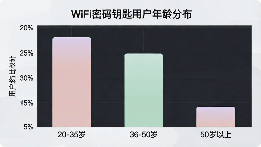 һ��չʾWiFi����Կ���û�����ֲ�����״ͼ������Ϊ����Ρ�20-35�꡹��36-50�꡹��50�����ϡ�������Ϊ�û�ռ�Ȱٷֱȣ����ӷֱ�Ϊ45%��35%��20%��ͼ������Ϊ��WiFi����Կ���û�����ֲ��������������ɫ����ͣ����ʸɾ��޶���Ԫ��