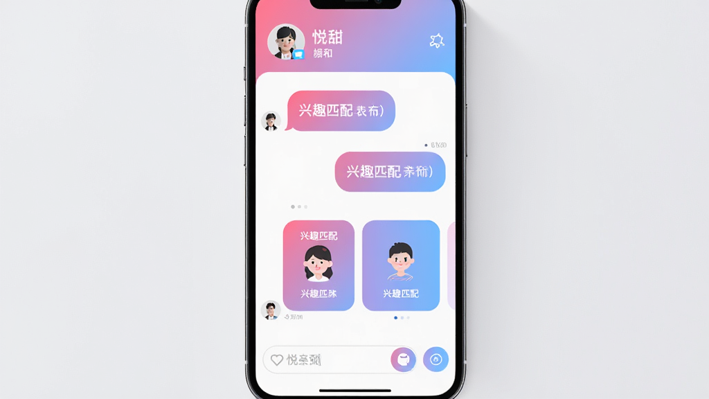����������һ���ֻ���Ļ����Ļ����ʾ�š�����App�����콻�ѽ��棬����Ϊ�������û�ͷ����ǳƣ��м����������ݺ���Ȥƥ�俨Ƭ���ײ��������͹��ܰ�ť���Ű�������࣬���Ϊ�ִ���ƽ����ƣ�ϸ��������Բ��ɫ���Է�������Ϊ�������廭�ʸɾ��������޶���Ԫ��