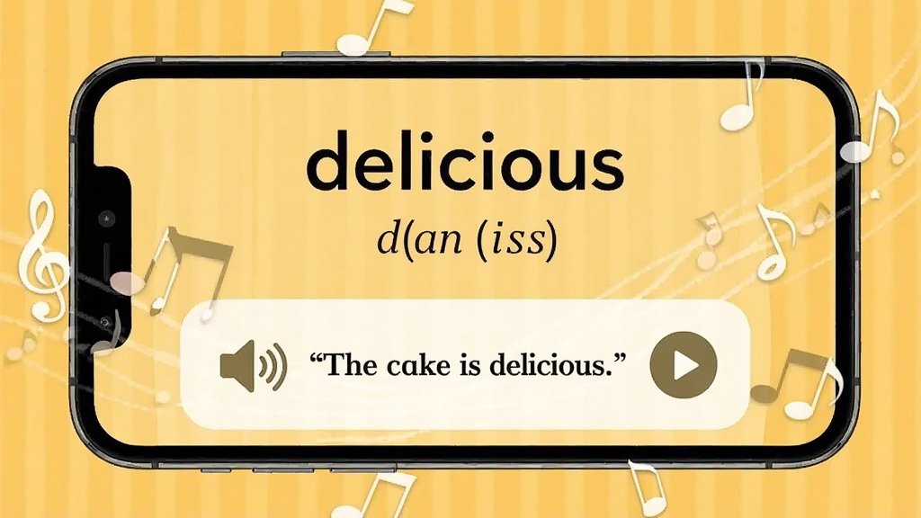 �������� ���˷��������书��չʾ���ֻ���Ļ����ʾ���ʡ�delicious�������꣬�·�������ͼ���Ӣ�����䡰The cake is delicious.���������Ա��в��Ű�ť����Ļ��Χ����������Ʈ��������Ϊů��ɫ�������ܰ�����ʸɾ����޶���Ԫ��