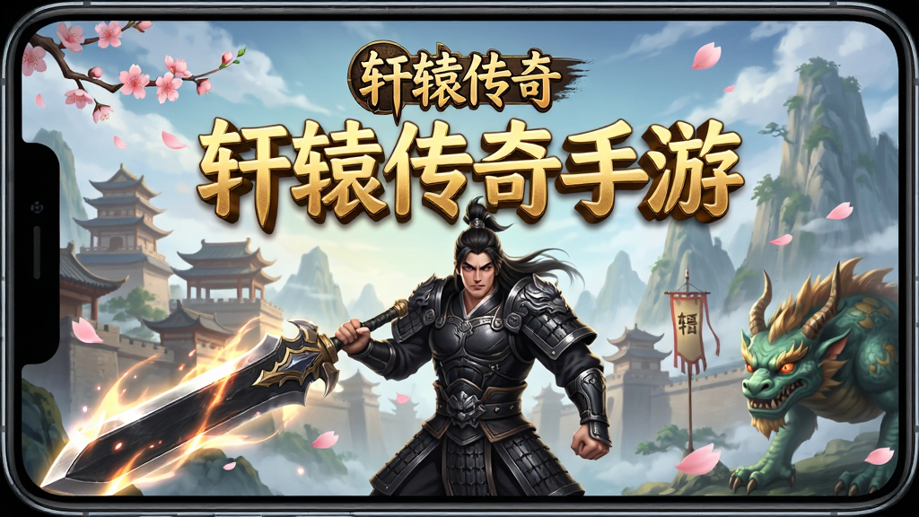 手机横屏游戏界面中,正中央展示“轩辕传奇手游”金色立体标题,背景是东方玄幻风格的城池与山海经异兽,主体为一名身穿玄色战甲的战士手持巨剑,布局采用中心对称式,排版上方为游戏LOGO下方为角色展示,风格为国风玄幻CG质感,细节包括飘落的桃花瓣与武器光效,画质4K高清,干净无多余元素