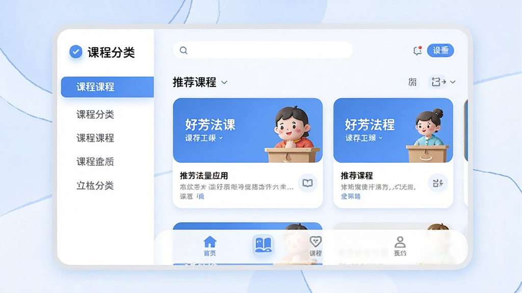 好芳法课堂应用主界面全貌展示,包含课程分类导航栏、推荐课程卡片、底部功能选项卡,整体采用清新蓝白配色,界面布局简洁清晰,风格现代扁平化,细节圆润柔和,画质干净无多余元素,文字清晰可辨