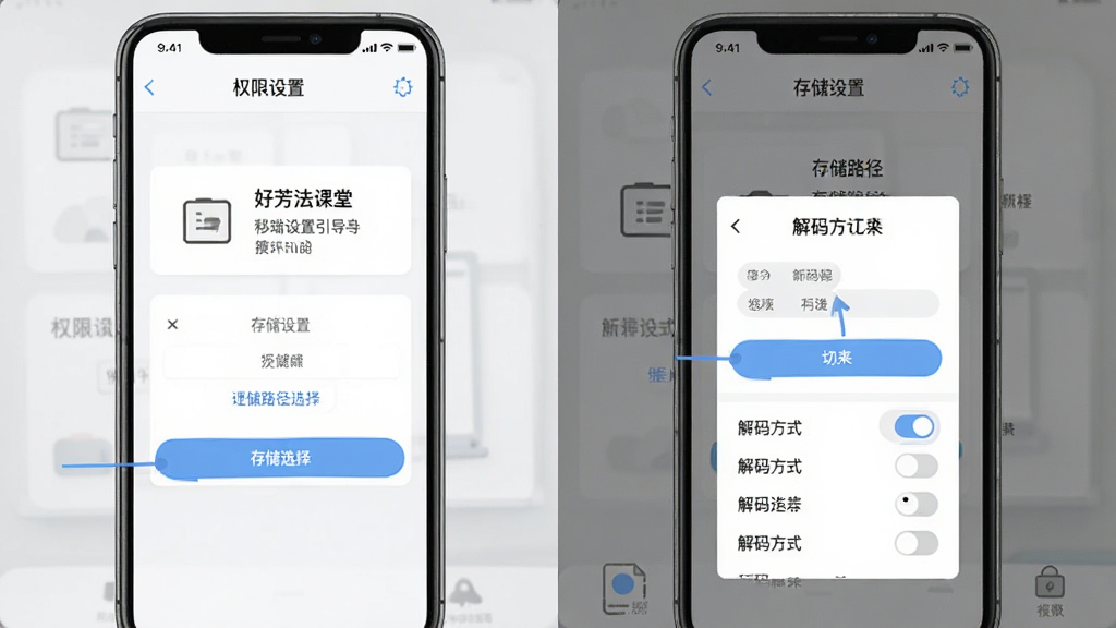 好芳法课堂移动端操作界面示意图,展示权限设置引导页、存储路径选择弹窗、解码方式切换菜单,布局清晰标注明确,风格扁平化设计,画质干净无多余元素