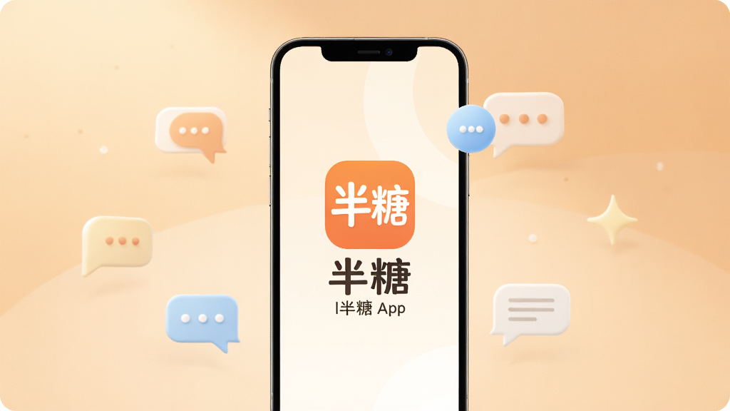 一张展示半糖App核心界面的手机模型图,手机屏幕中央显示半糖的Logo和标语,背景是柔和的暖色调,周围漂浮着几个简约的聊天气泡图标,风格清新现代,画面干净整洁,高画质,无多余元素