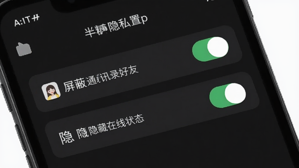 半糖App隐私设置页面的手机界面图,屏幕上显示着屏蔽通讯录好友和隐藏在线状态的开关按钮,开关处于开启状态,界面以深色模式呈现,风格沉稳安全,画质干净,无多余元素