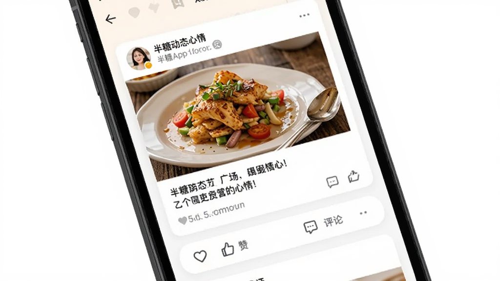 半糖App动态广场界面的手机展示图,屏幕上显示着用户发布的图文动态,有美食照片和文字心情,下方有点赞和评论按钮,界面布局为卡片式信息流,风格温馨生活化,画质清晰,无多余元素