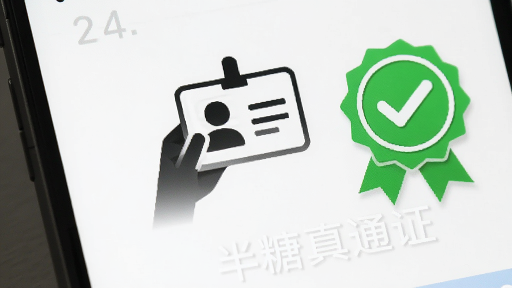 半糖App真人认证页面的手机截图,画面中有一个手持身份证的剪影图标和绿色的认证通过徽章,背景为干净的白色,界面设计简洁,文字标注清晰,画质干净,无多余元素