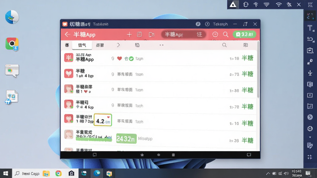 半糖App运行在安卓模拟器上的电脑屏幕截图,画面中模拟器窗口内是半糖的聊天列表界面,窗口外是电脑桌面,风格科技简洁,画质清晰,无多余元素