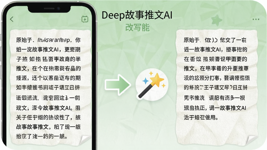一个手机界面展示“Deep故事推文AI”的改写功能,屏幕左侧是原始文本,右侧是改写后的文本,中间有箭头和魔法棒图标连接,界面以浅绿色和白色为主,文字清晰,背景有轻微的纸张纹理,整体风格清爽干净,画质干净无多余元素