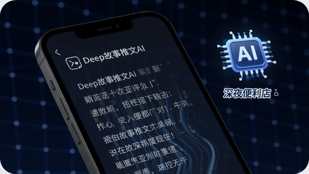 一个手机屏幕特写,屏幕中“Deep故事推文AI”正在生成一段故事文本,文字从屏幕底部向上流动,旁边有发光的AI芯片图标和「深夜便利店」几个字作为输入关键词,背景是深蓝色科技感网格,画面风格简洁现代,画质干净无多余元素