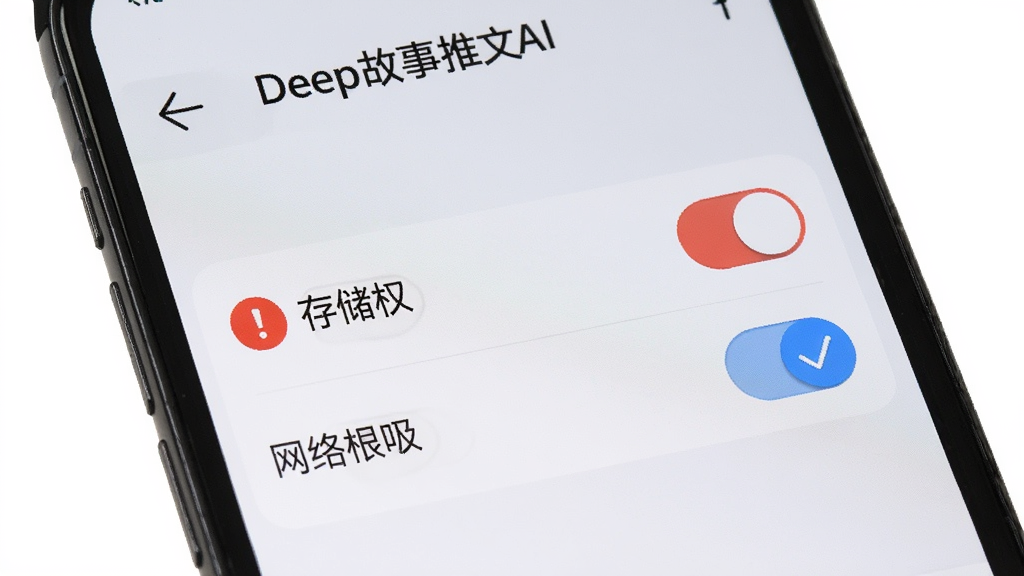 一个手机屏幕显示“Deep故事推文AI”的权限设置界面,屏幕上有存储权限和网络权限的开关,旁边有红色感叹号和蓝色对勾图标作为提示,背景是浅灰色设置页面,风格简洁明了,画质干净无多余元素
