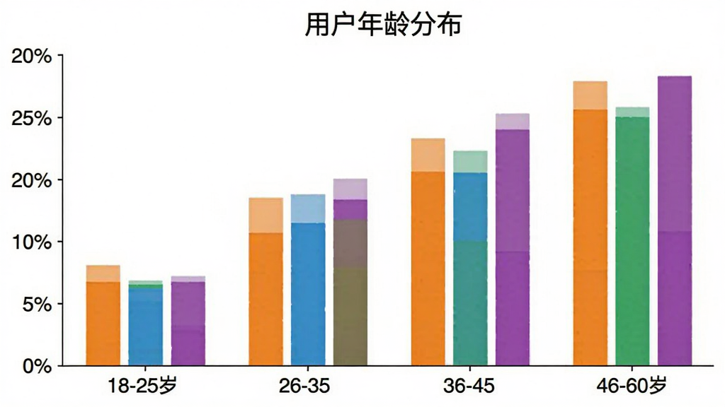 一个柱状图展示“Deep故事推文AI”用户年龄分布,横轴为18-25岁、26-35岁、36-45岁、46-60岁四个年龄段,纵轴为用户百分比,柱子颜色分别为橙色、蓝色、绿色、紫色,图表标题为“用户年龄分布”,背景干净白色,画质清晰无多余元素