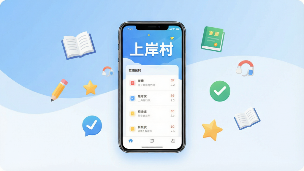 一张以“上岸村”APP为核心的数字产品展示图,画面主体是一个悬浮在中央的智能手机,手机屏幕亮起,显示着简洁的题库列表界面,屏幕上方有“上岸村”三个大字,背景是柔和的蓝白渐变色调,周围漂浮着书本、铅笔、对勾、星标等学习相关的扁平化小图标,排版居中,风格现代简约,细节干净清晰,画质明亮无多余元素,适合作为应用市场推荐封面