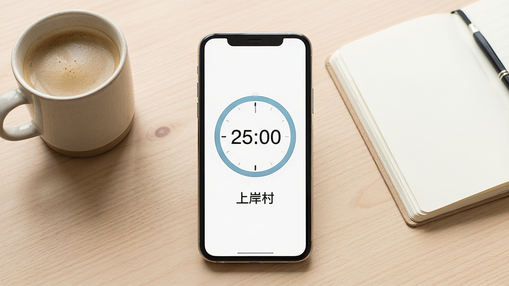一张展示“上岸村”学习计时器功能的手机界面图,手机屏幕中央是一个圆形计时器,显示剩余时间“25:00”,下方有“上岸村”字样,背景是极简的浅色木纹桌面,旁边放着一杯咖啡和一本笔记本,风格温馨安静,细节真实,画质明亮干净,无杂乱元素